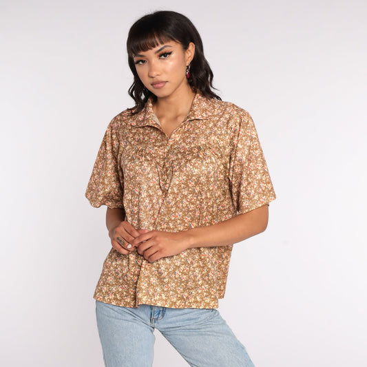 70s Brown Floral Button-Up Shirt Short Sleeve Blouse Large L