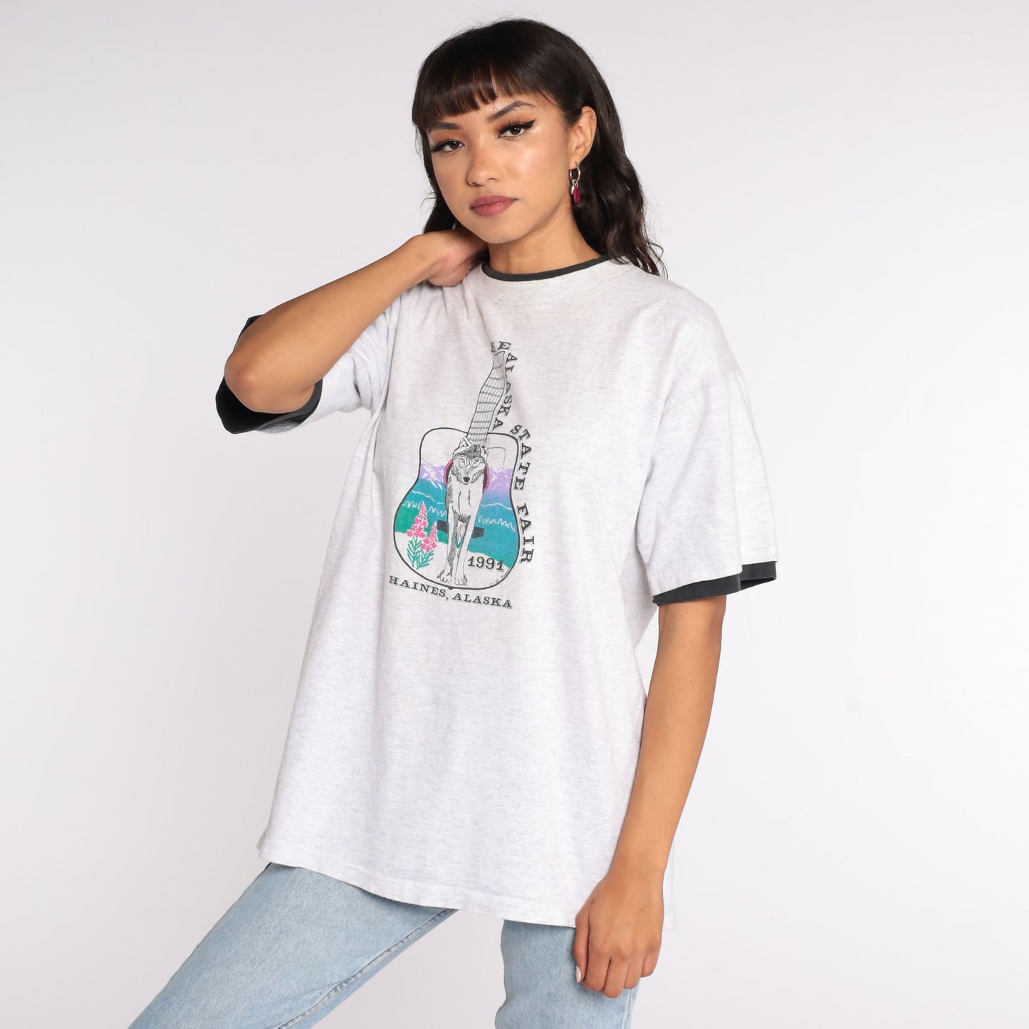 1991 Alaska State Fair Wolf Sunset Graphic T-Shirt Grey Extra Large XXL