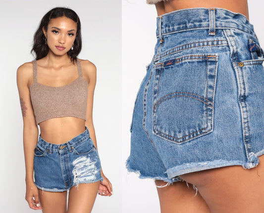 80s High-Waisted Ripped Denim Cutoff Shorts Blue Small