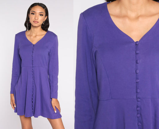 80s Purple Babydoll Mini Dress Button-Up High Waist Long Sleeve Medium