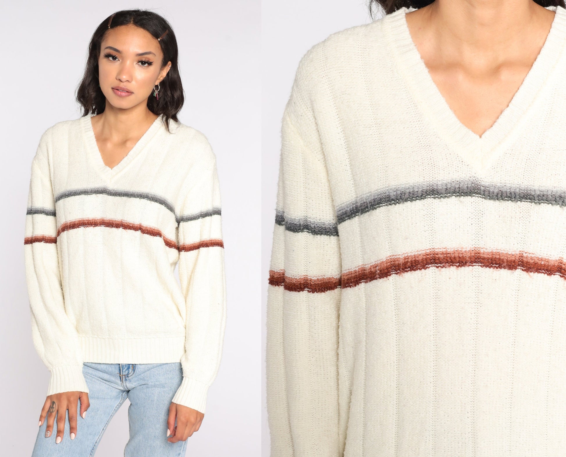 70s Kennington Striped V-Neck Sweater Cream Brown Medium Large