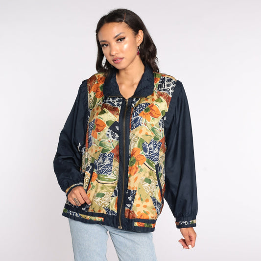 90s Silk Windbreaker Jacket Floral Print Black Tan Medium