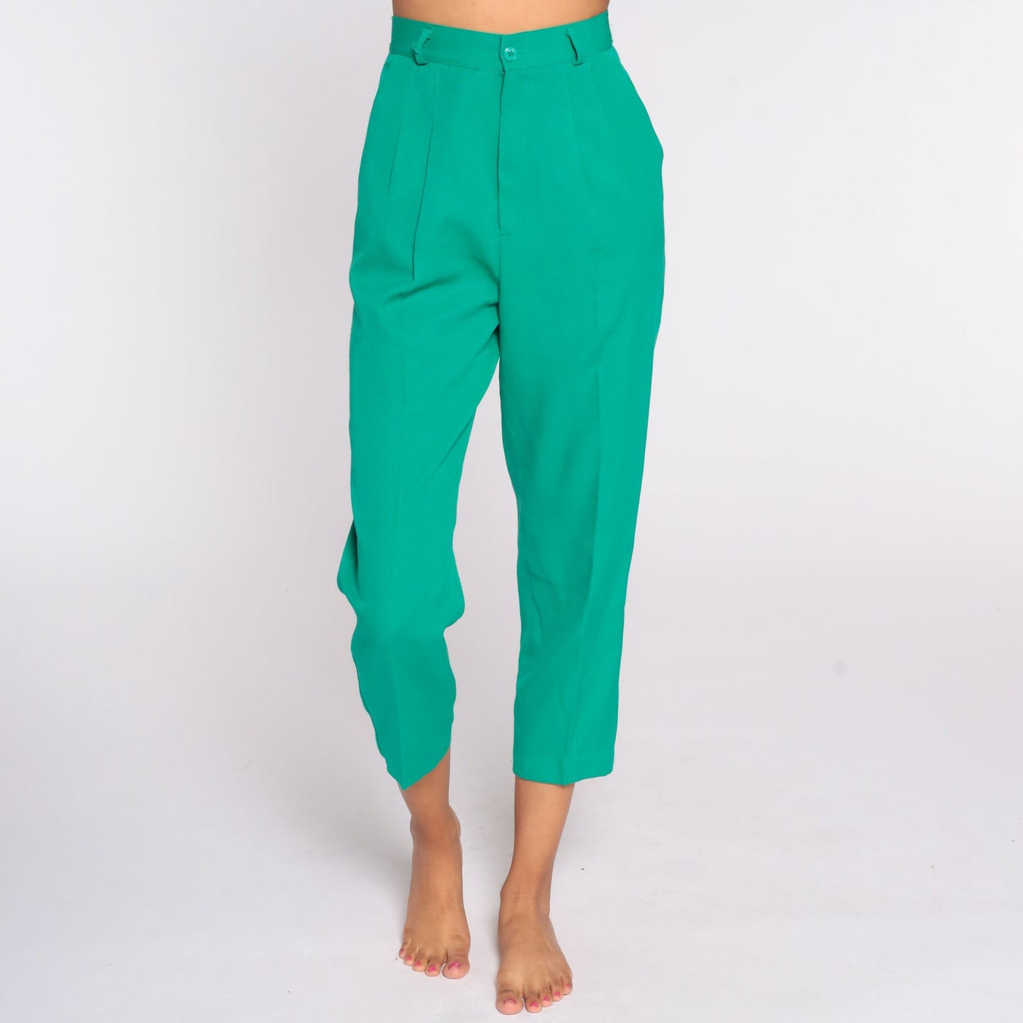 80s Green Pleated High-Waist Trousers Straight Leg Small
