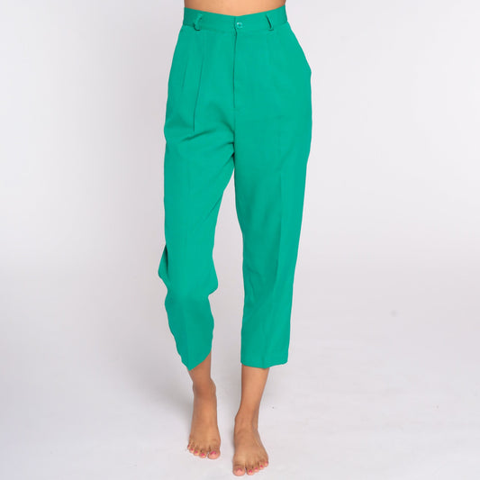 80s Green Pleated High-Waist Trousers Straight Leg Small