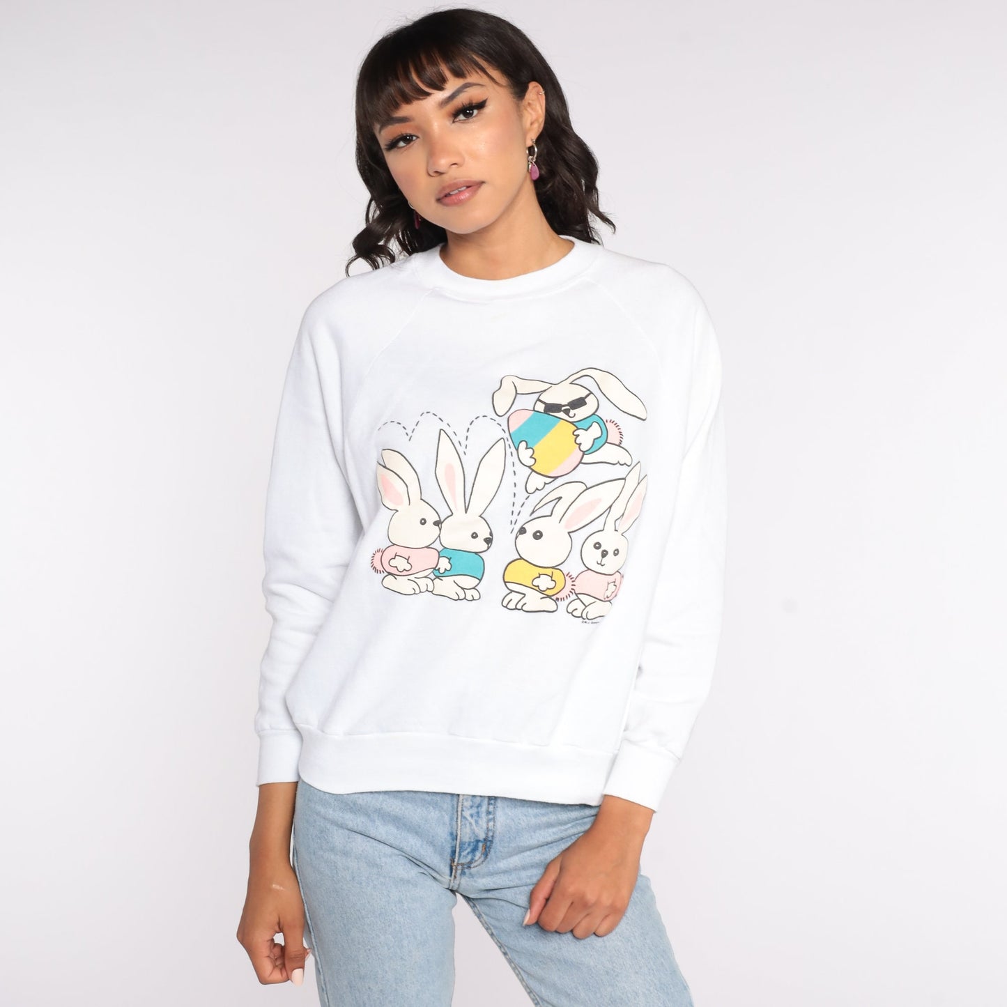 80s Easter Bunny Graphic Sweatshirt Raglan Pastel Animal Print Small