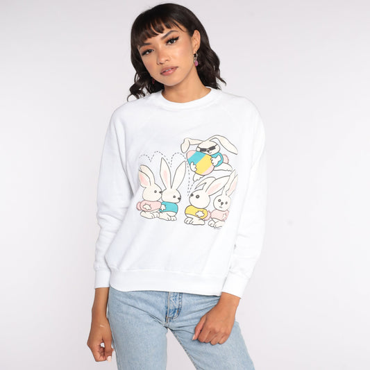 80s Easter Bunny Graphic Sweatshirt Raglan Pastel Animal Print Small