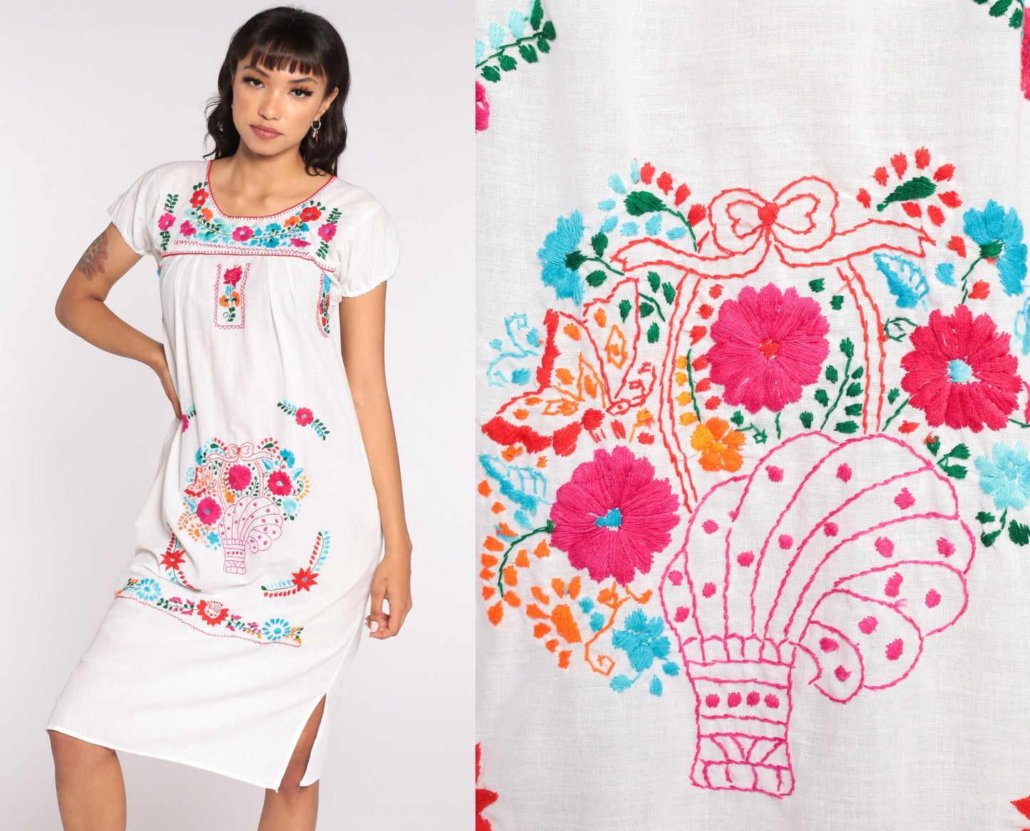 80s Mexican White Cotton Midi Dress Embroidered Puff Sleeve Tunic Small