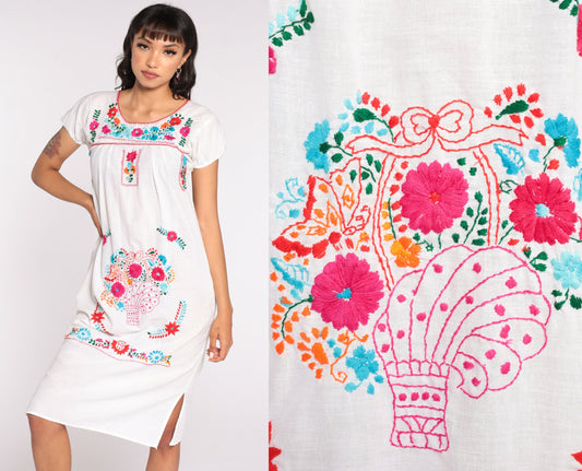 80s Mexican White Cotton Midi Dress Embroidered Puff Sleeve Tunic Small