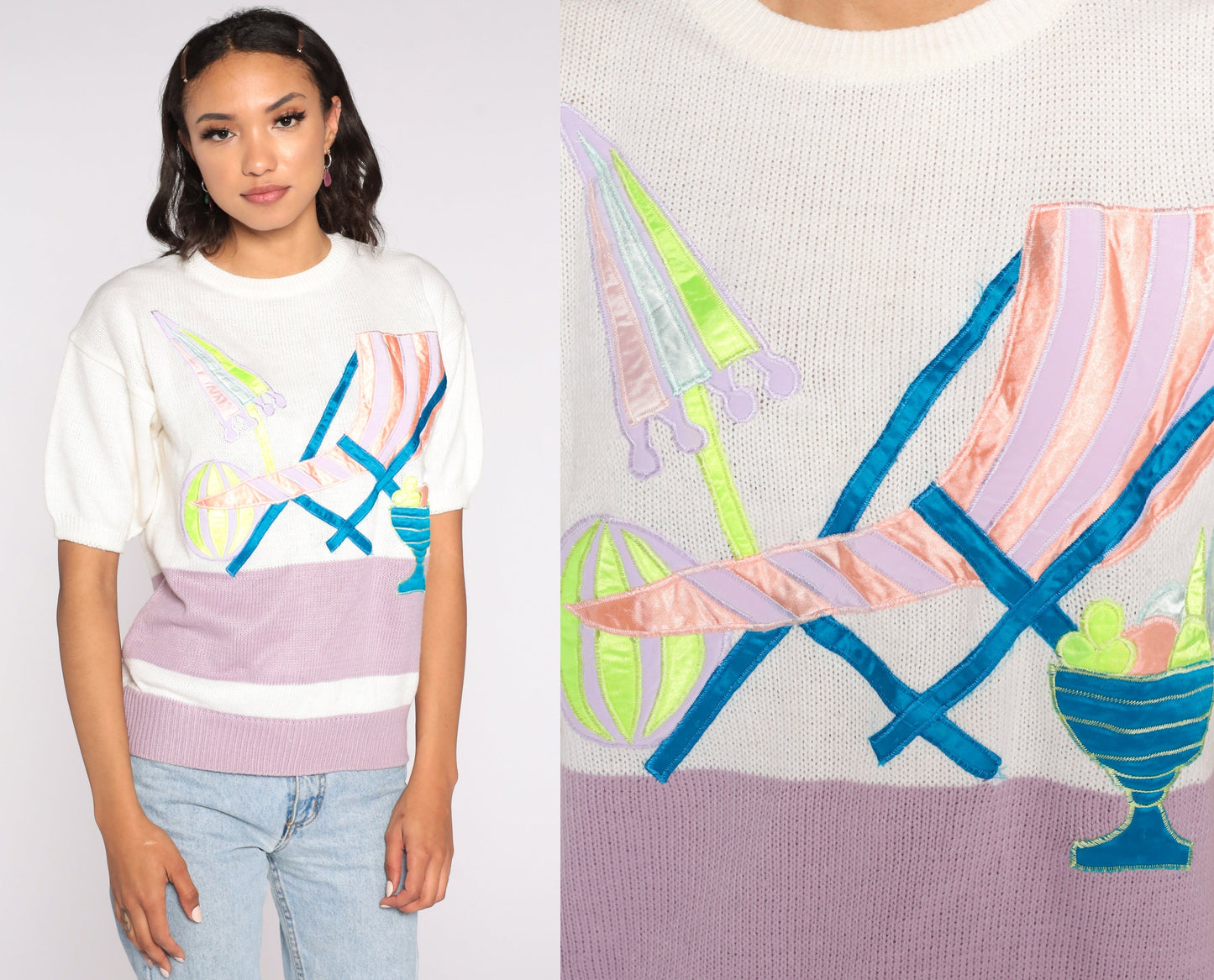 80s Tropical Beach Knit Top White Pink Colour Block Graphic Medium