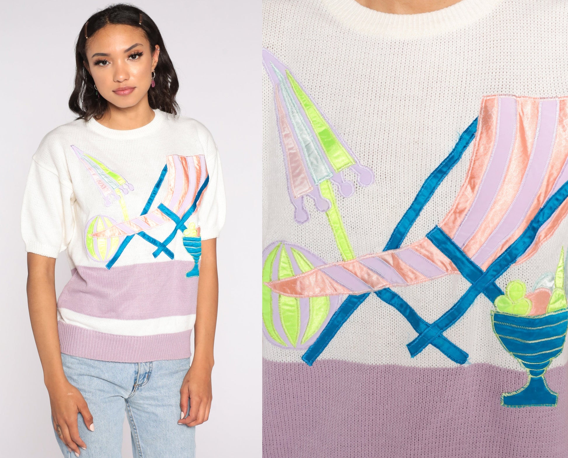 80s Tropical Beach Knit Top White Pink Colour Block Graphic Medium
