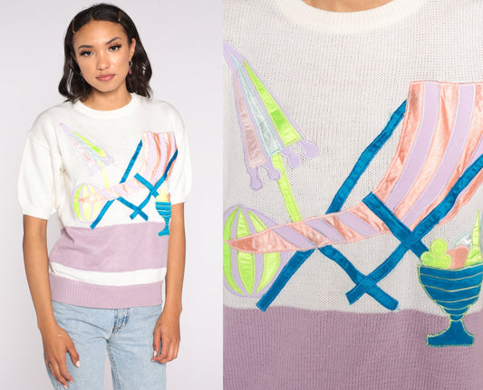 80s Tropical Beach Knit Top White Pink Colour Block Graphic Medium