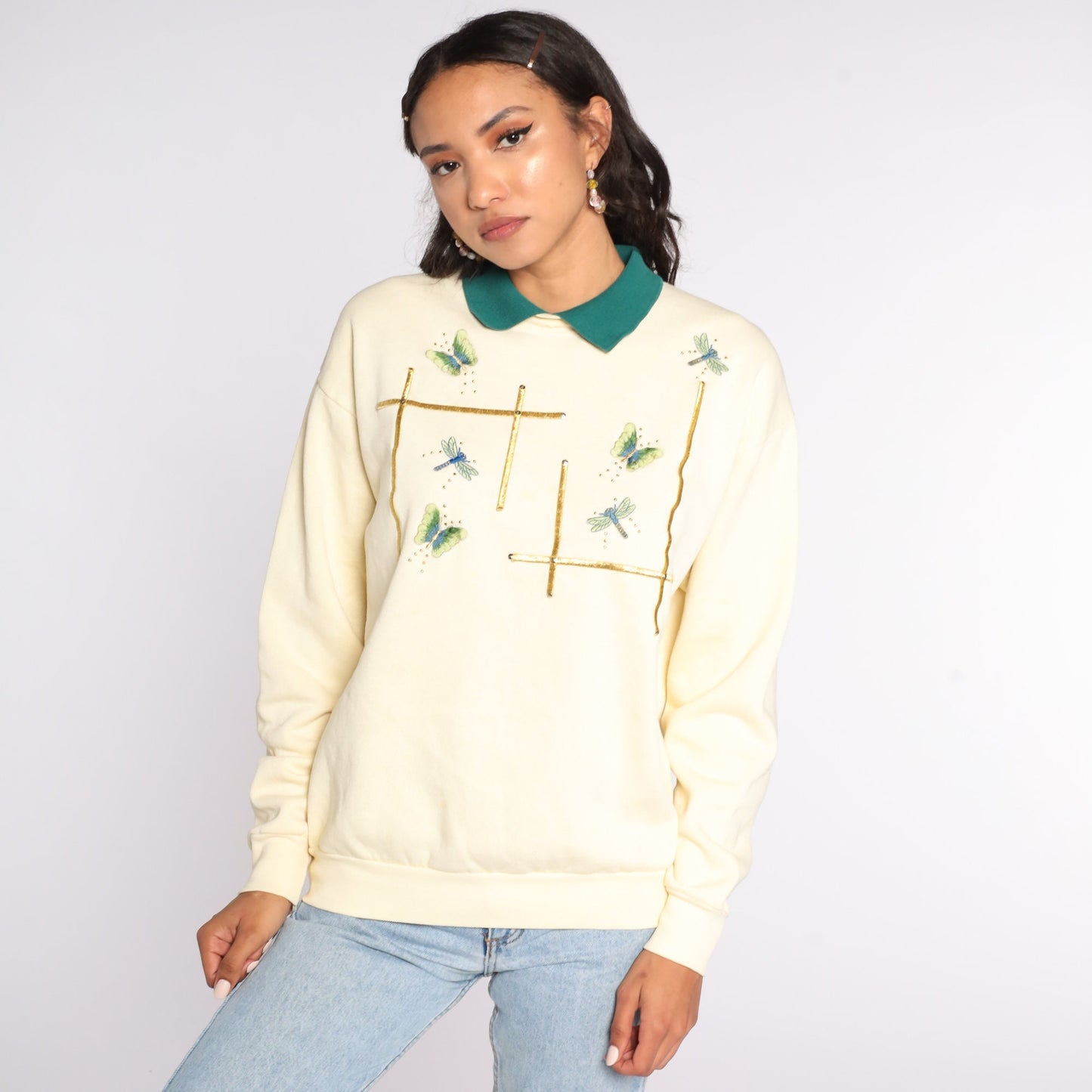 90s Lee Collared Sweatshirt Cream Embroidered Butterfly Dragonfly Medium