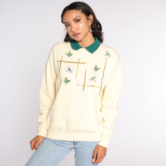 90s Lee Collared Sweatshirt Cream Embroidered Butterfly Dragonfly Medium
