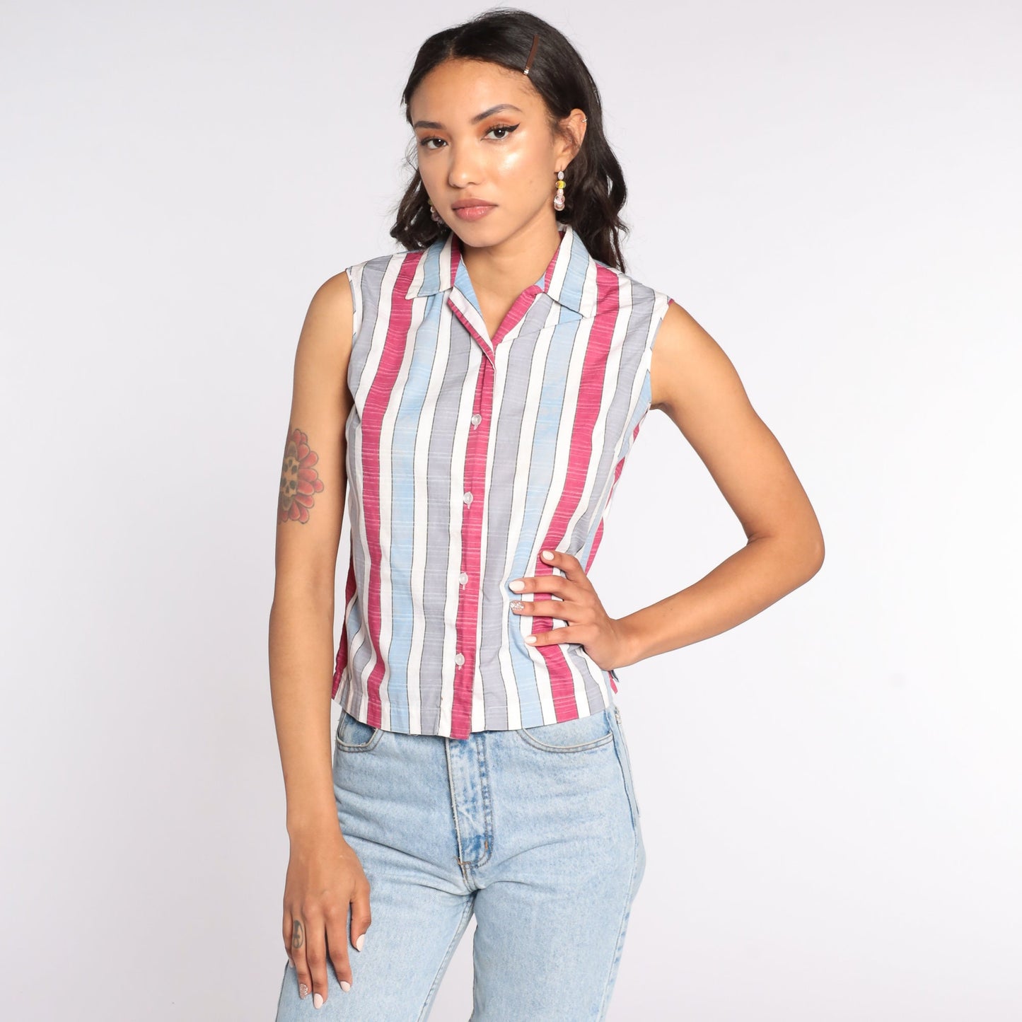 70s Striped Sleeveless Button-Up Blouse Cotton Blend Extra Small