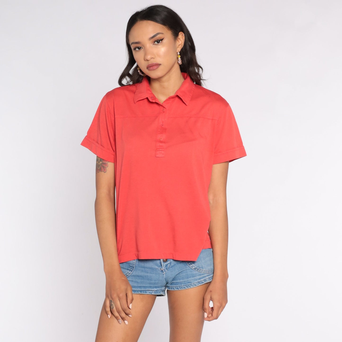 80s Red Polo Shirt Half Button Collared Cotton Blend Medium