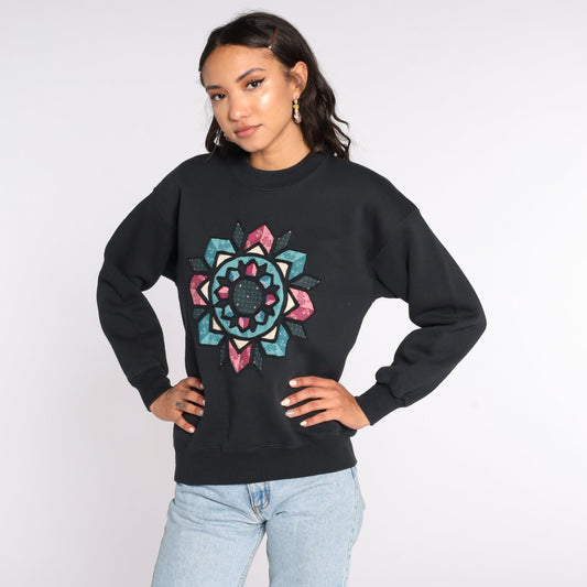 80s Mandala Geometric Print Sweatshirt Black Crewneck Pullover Medium