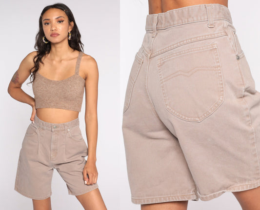 90s Cenza Tan Denim Shorts High Waisted Pleated Jean Bermuda Small