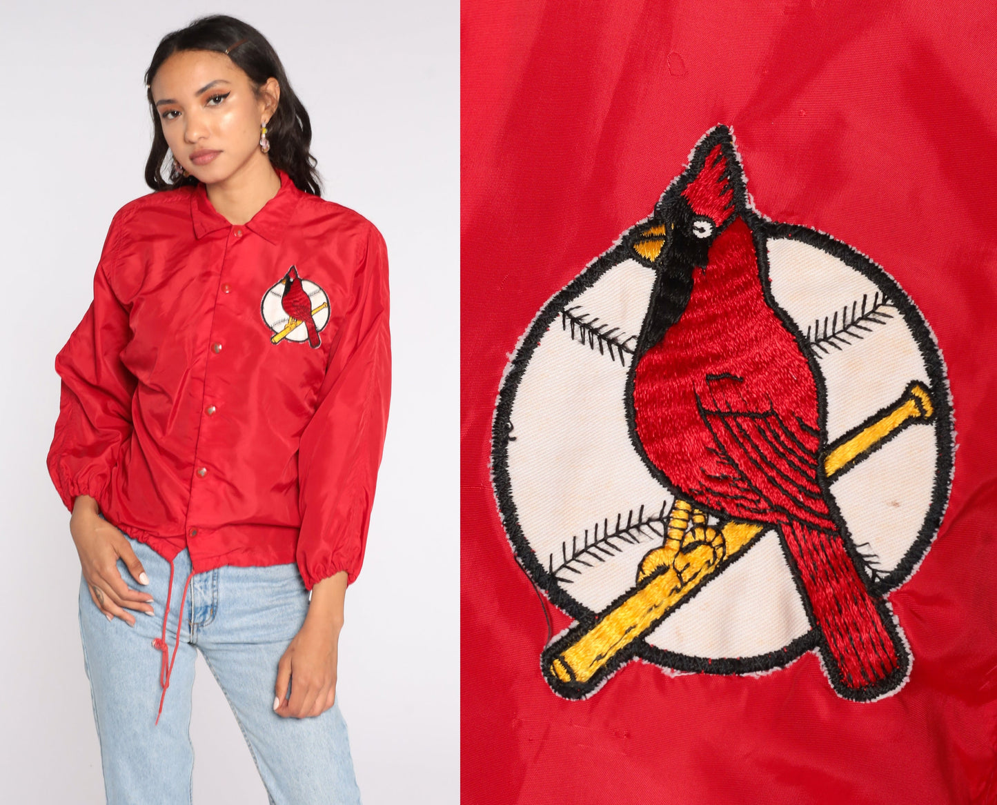80s St Louis Cardinals MLB Snap Jacket Nylon Coach Varsity Red Extra Small