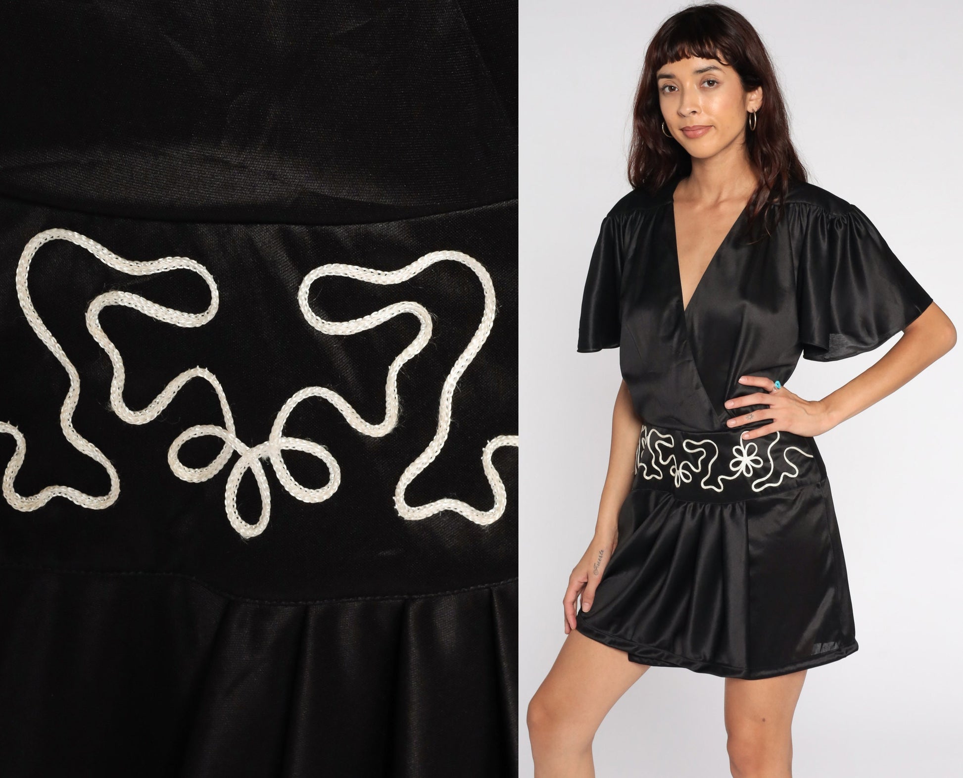70s Fredericks of Hollywood Black Mini Dress Flutter Sleeve Deep V Wrap Neckline Medium Large