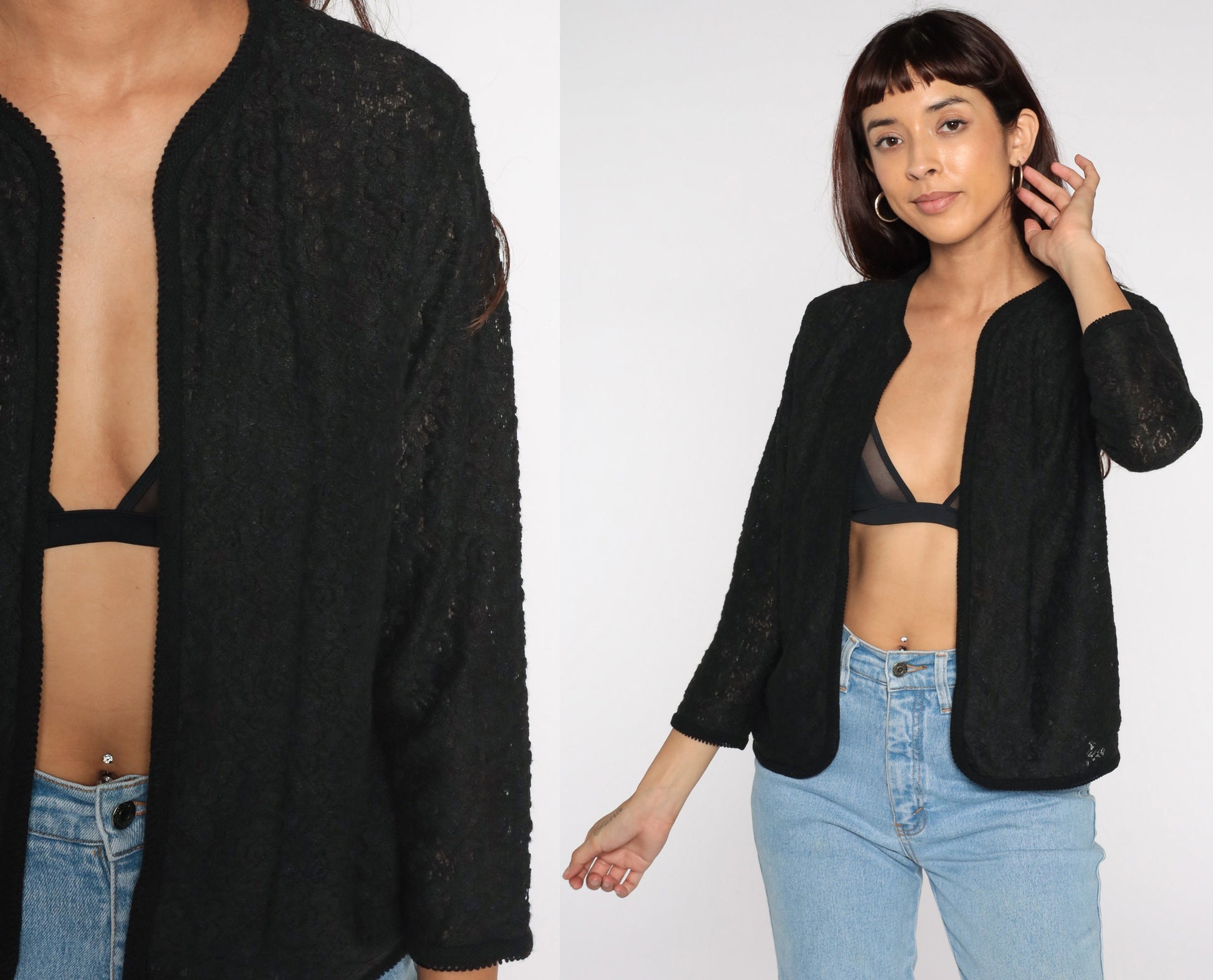 70s Black Lace Sheer Jacket Open Front Cardigan Small