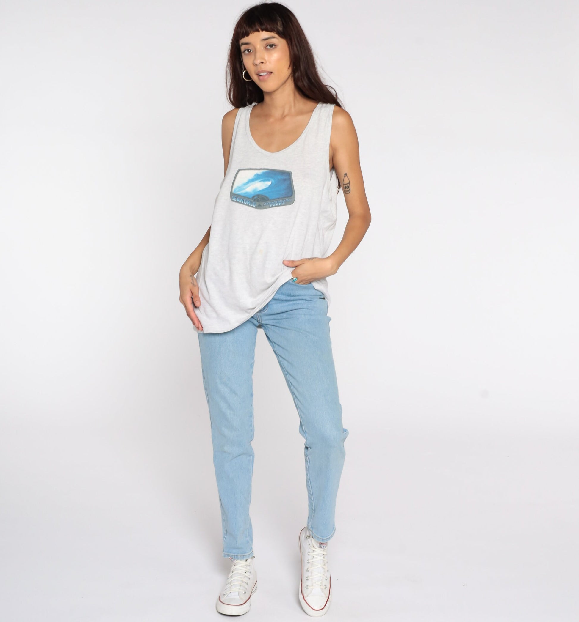 90s Seaworld Adventure Parks Graphic Tank Top Grey Cotton Medium