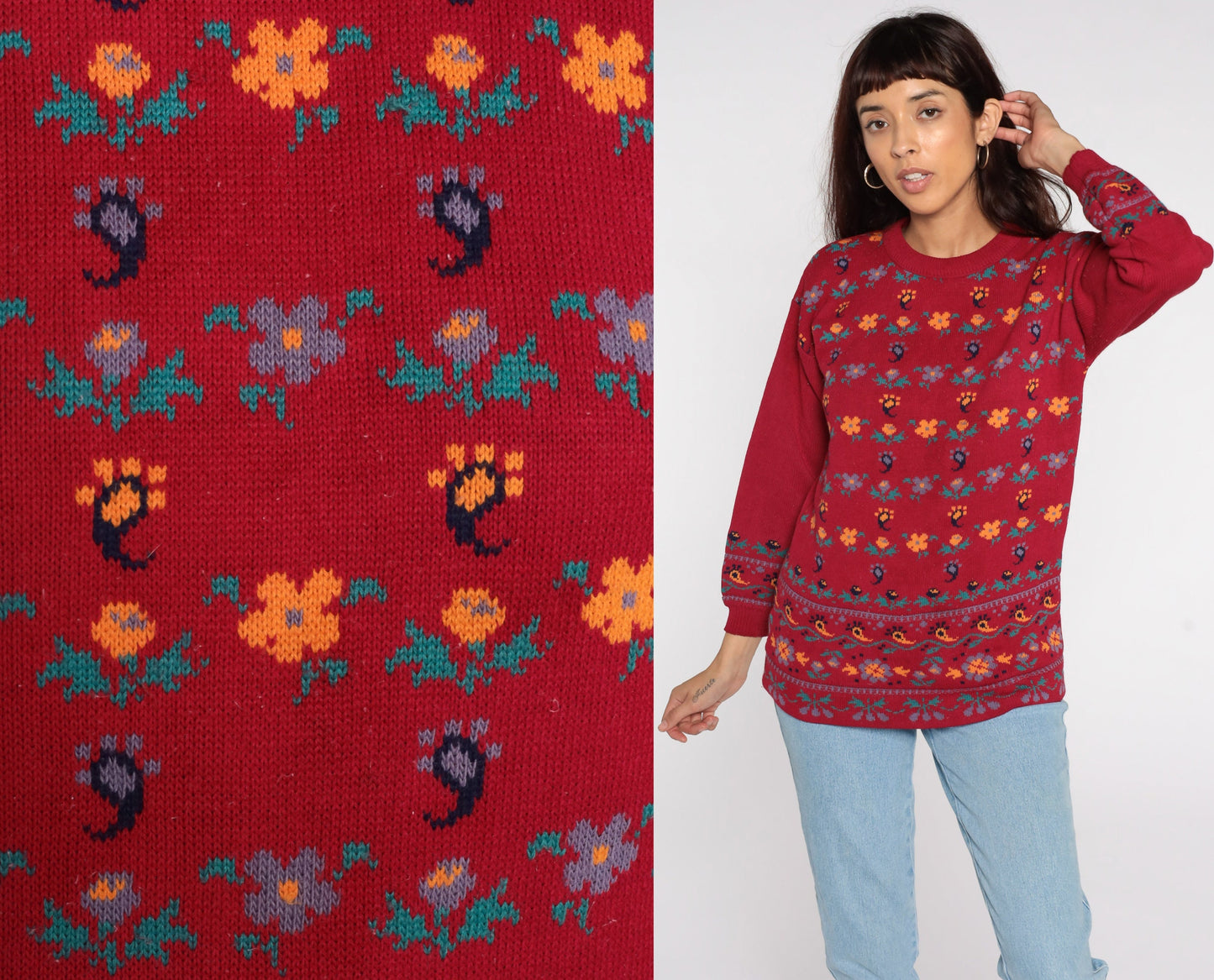 80s Paisley Floral Red Knit Sweater Pullover Small
