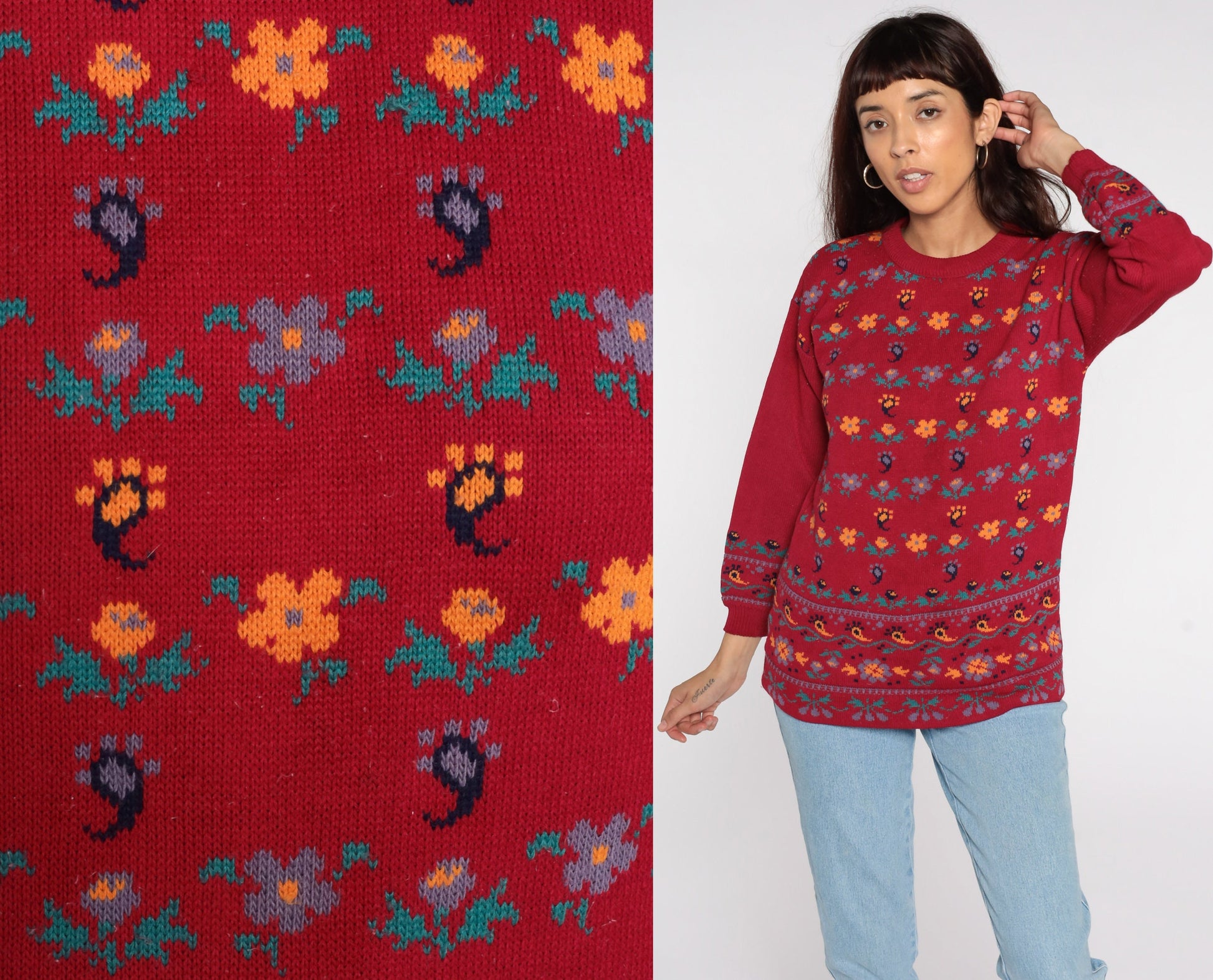 80s Paisley Floral Red Knit Sweater Pullover Small