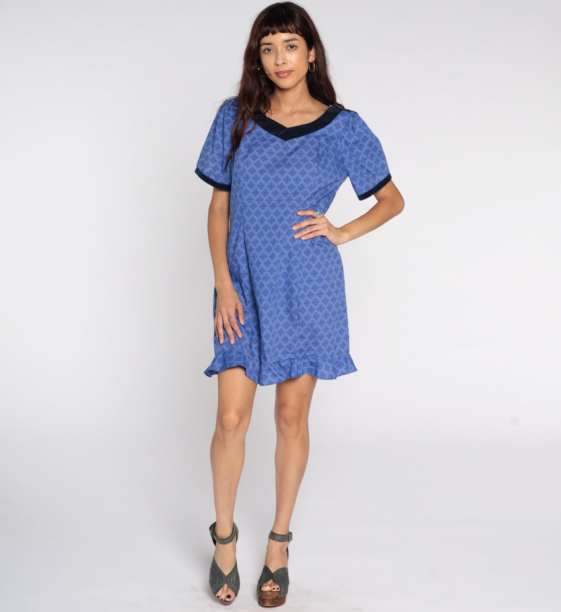 80s Purple Geometric Puff Sleeve Mini Dress Shift Cotton Medium
