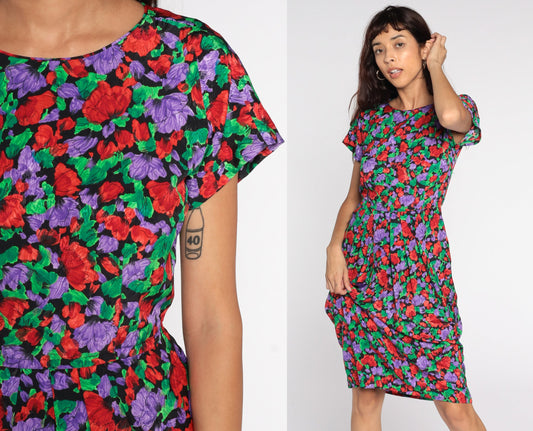 80s Floral Midi Dress High Waisted Pencil Button Back Short Sleeve Small
