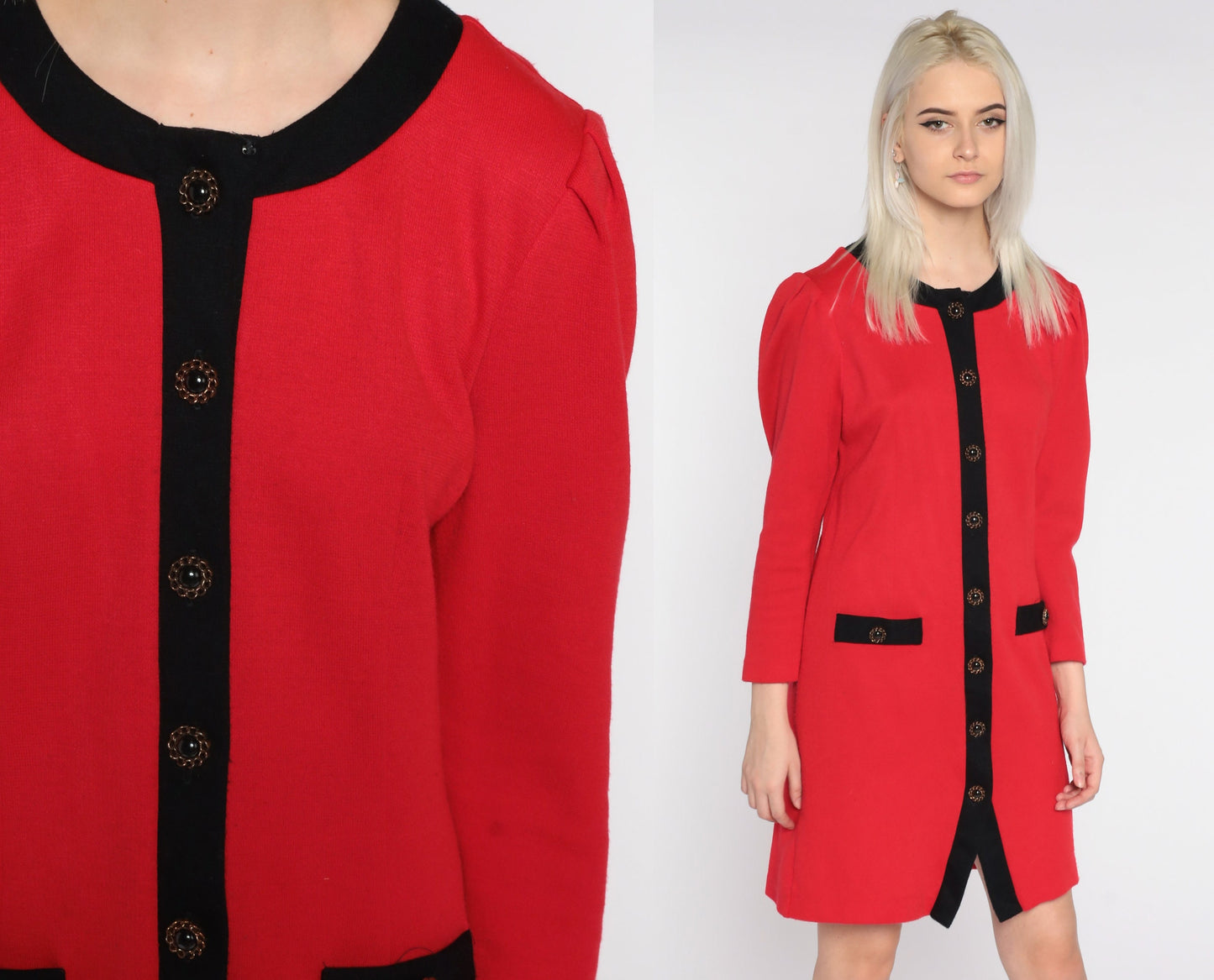 80s Red Mini Dress Puff Sleeve Button Up Black Trim Small