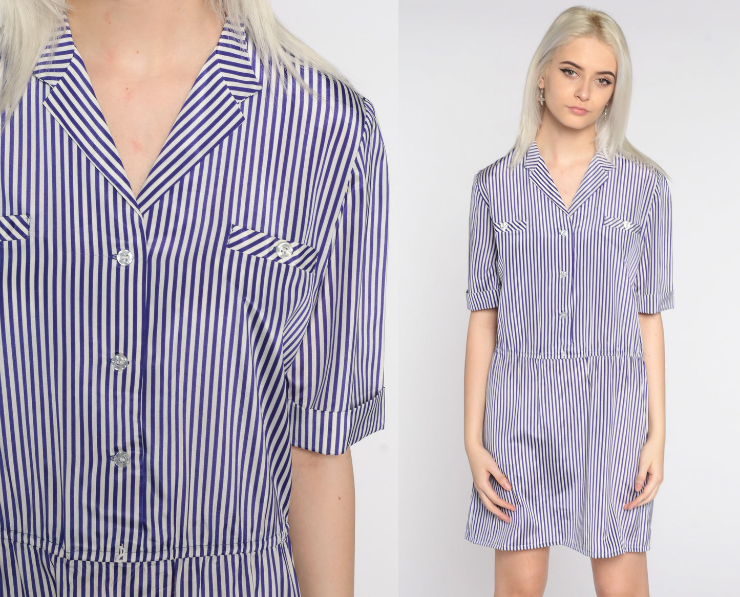 80s Purple White Striped Mini Dress Button Up Short Sleeve Small Medium