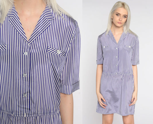 80s Purple White Striped Mini Dress Button Up Short Sleeve Small Medium