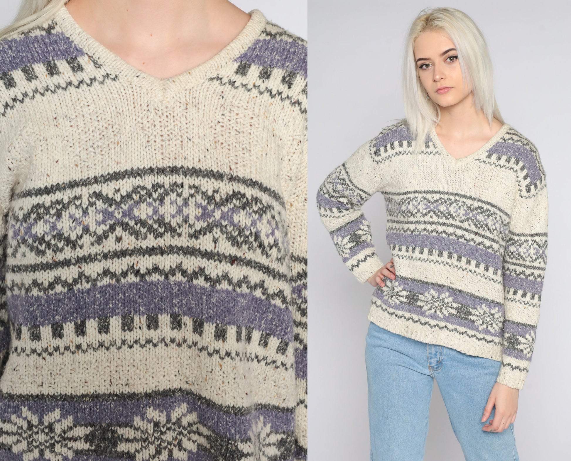 90s Fair Isle Sweater Cream Geometric Knit V-Neck Pullover Medium Petite