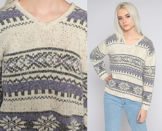 90s Fair Isle Sweater Cream Geometric Knit V-Neck Pullover Medium Petite