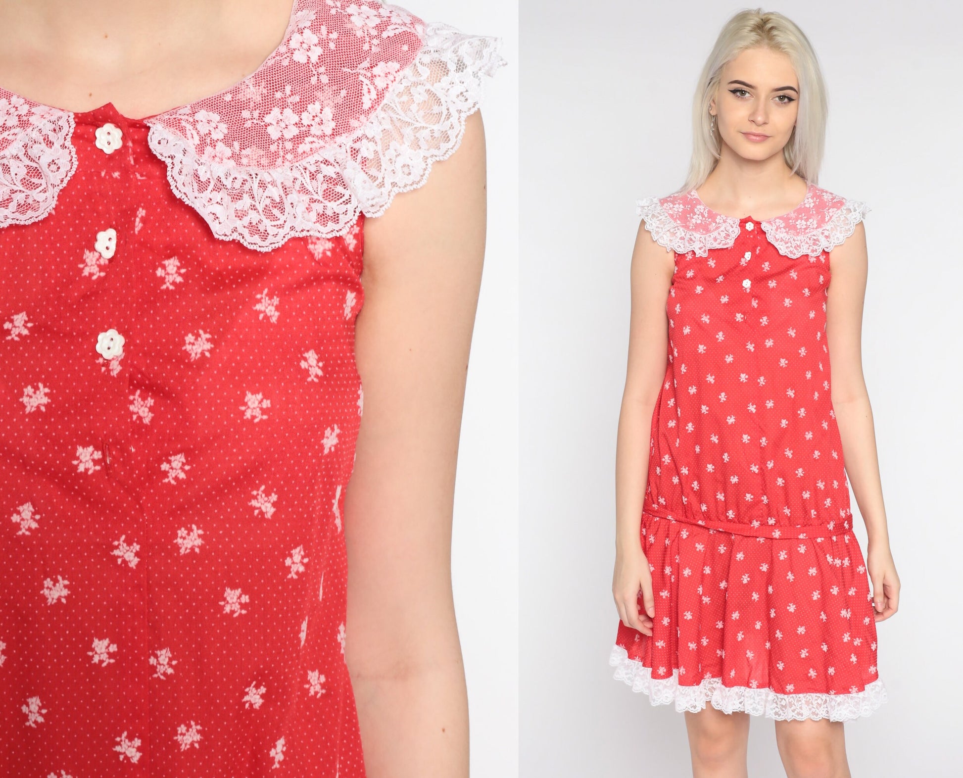 70s Red Floral Mini Dress Lace Collar Sleeveless Shift Extra Small