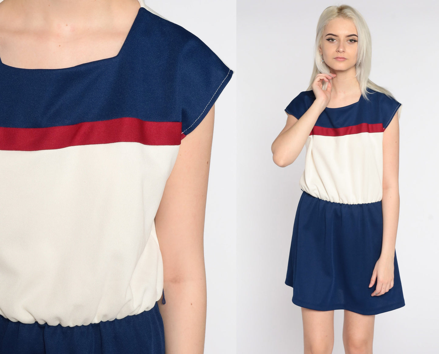 70s Striped Mini Dress White Blue Burgundy Cap Sleeve High Waist Medium