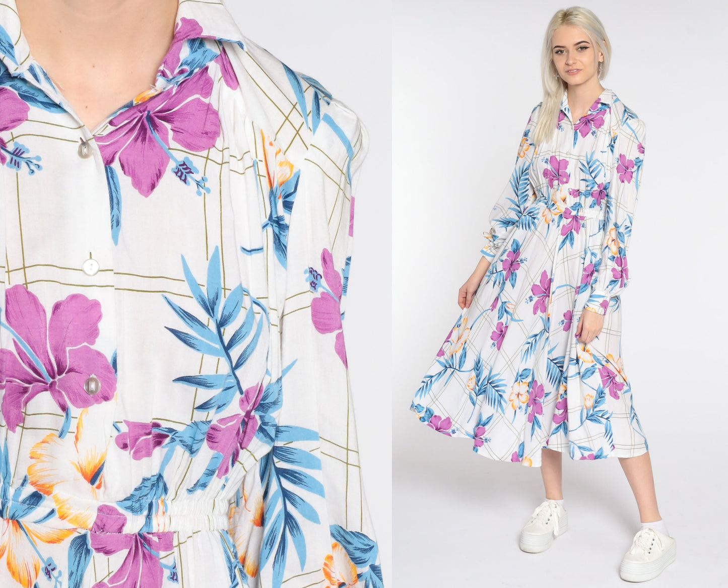 80s White Floral Midi Shirtdress High Waist Long Sleeve Button Up Small Medium