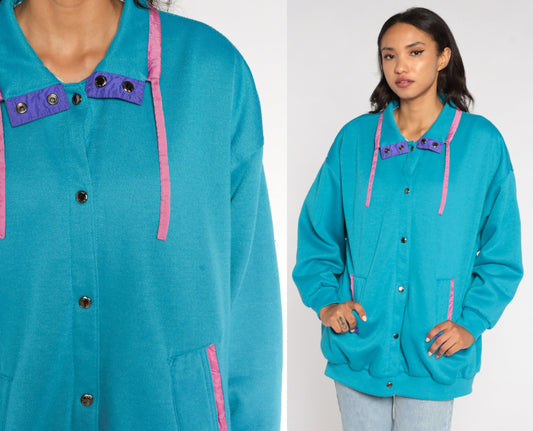 80s Turquoise Windbreaker Jacket Pink Purple Trim Snap Front Cotton Blend