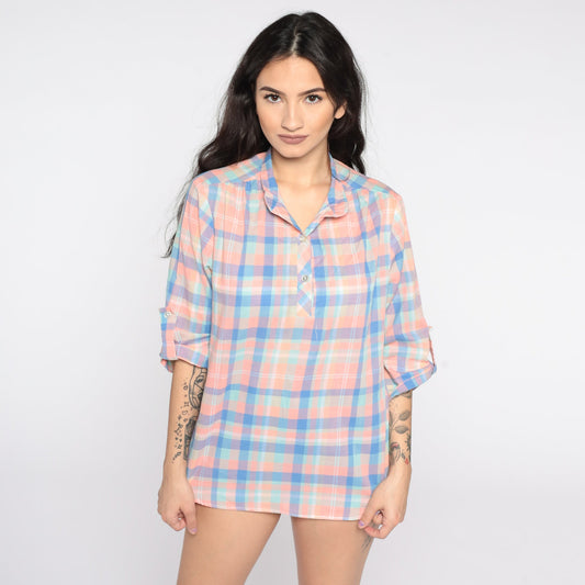 80s Pink Plaid Button-Up Blouse Checkered Cotton Shirt Medium