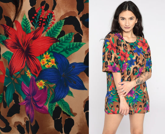 90s Tropical Floral Leopard Print Short Sleeve Blouse Large