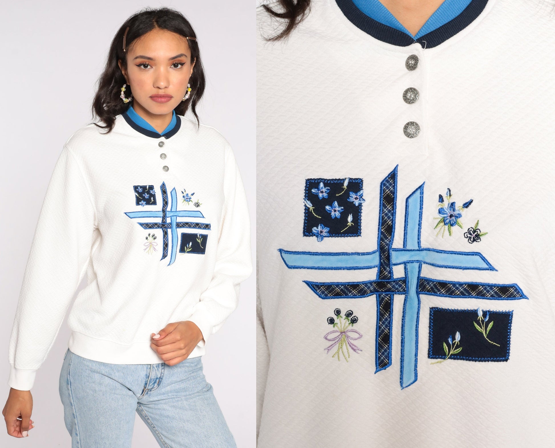 80s Alfred Dunner Floral Embroidered Sweatshirt Off-White Pullover Medium