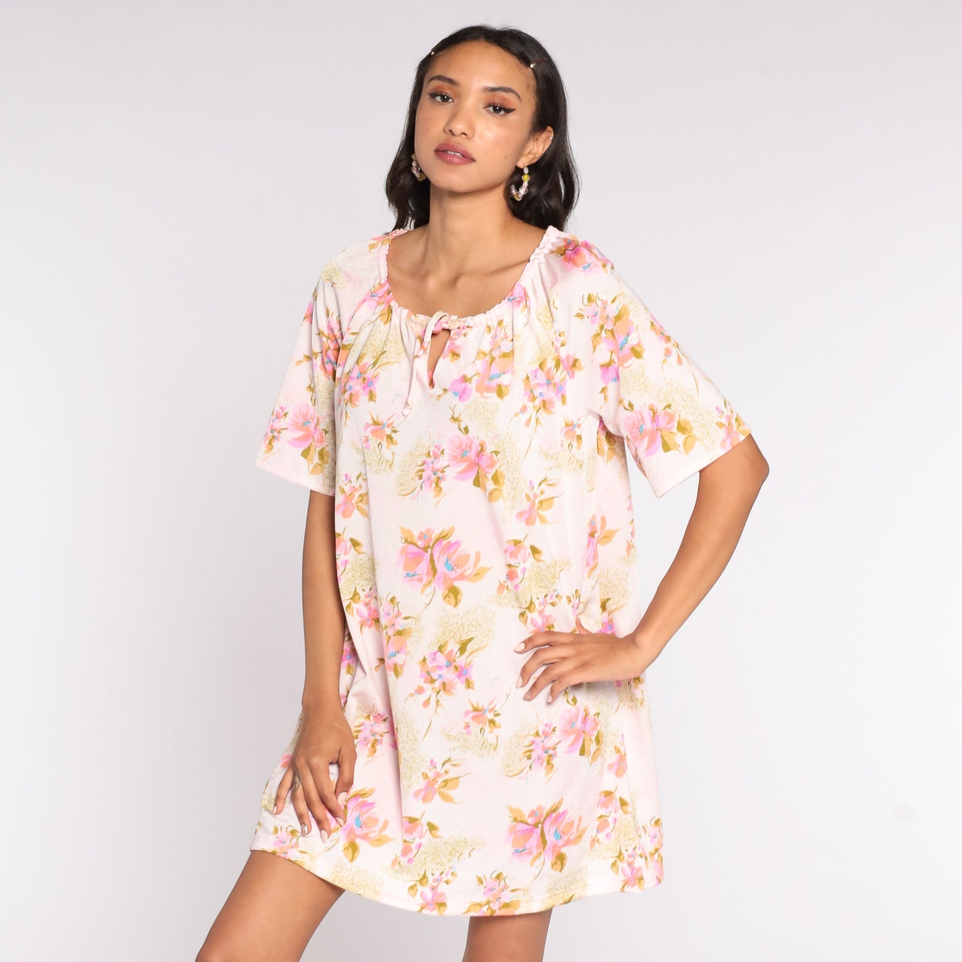 70s Floral Mini Dress Keyhole Shift Short Sleeve Pink Medium Large