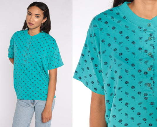 80s Turquoise Paisley Henley Button-Up Shirt Short Sleeve Large