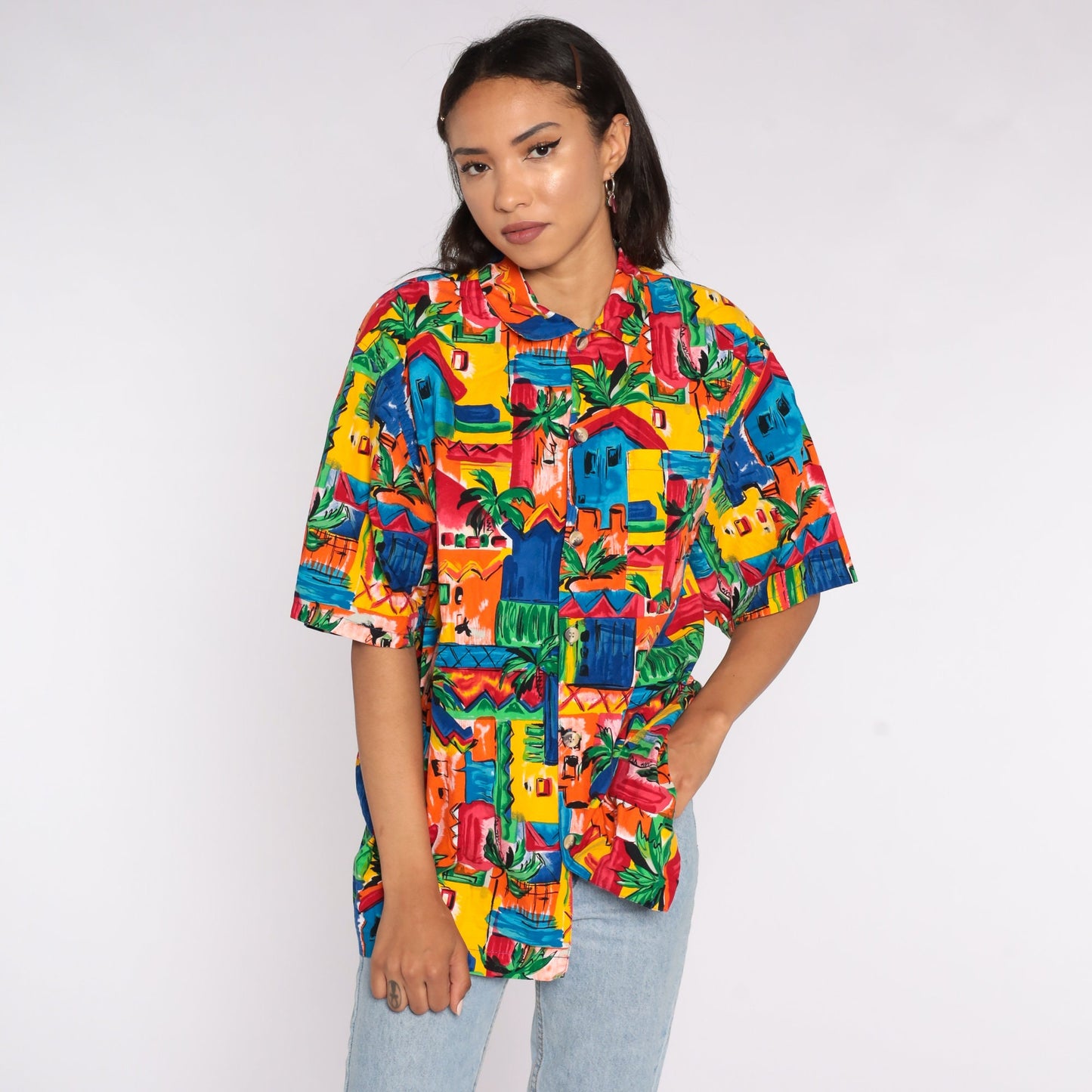 80s Tropical Palm Tree Button-Up Shirt Cotton Hawaiian Surfer Large