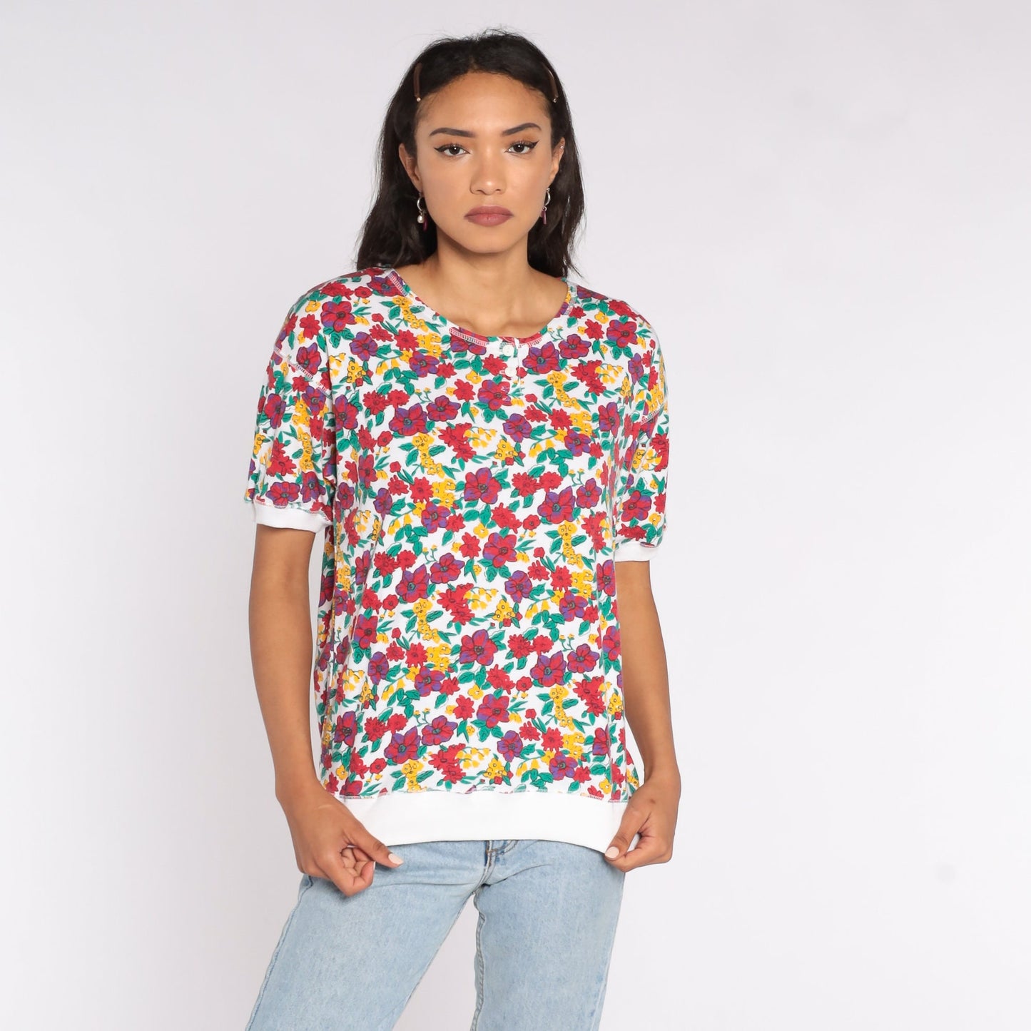 80s Floral Henley Shirt Red White Graphic Blouse Short Sleeve Large L