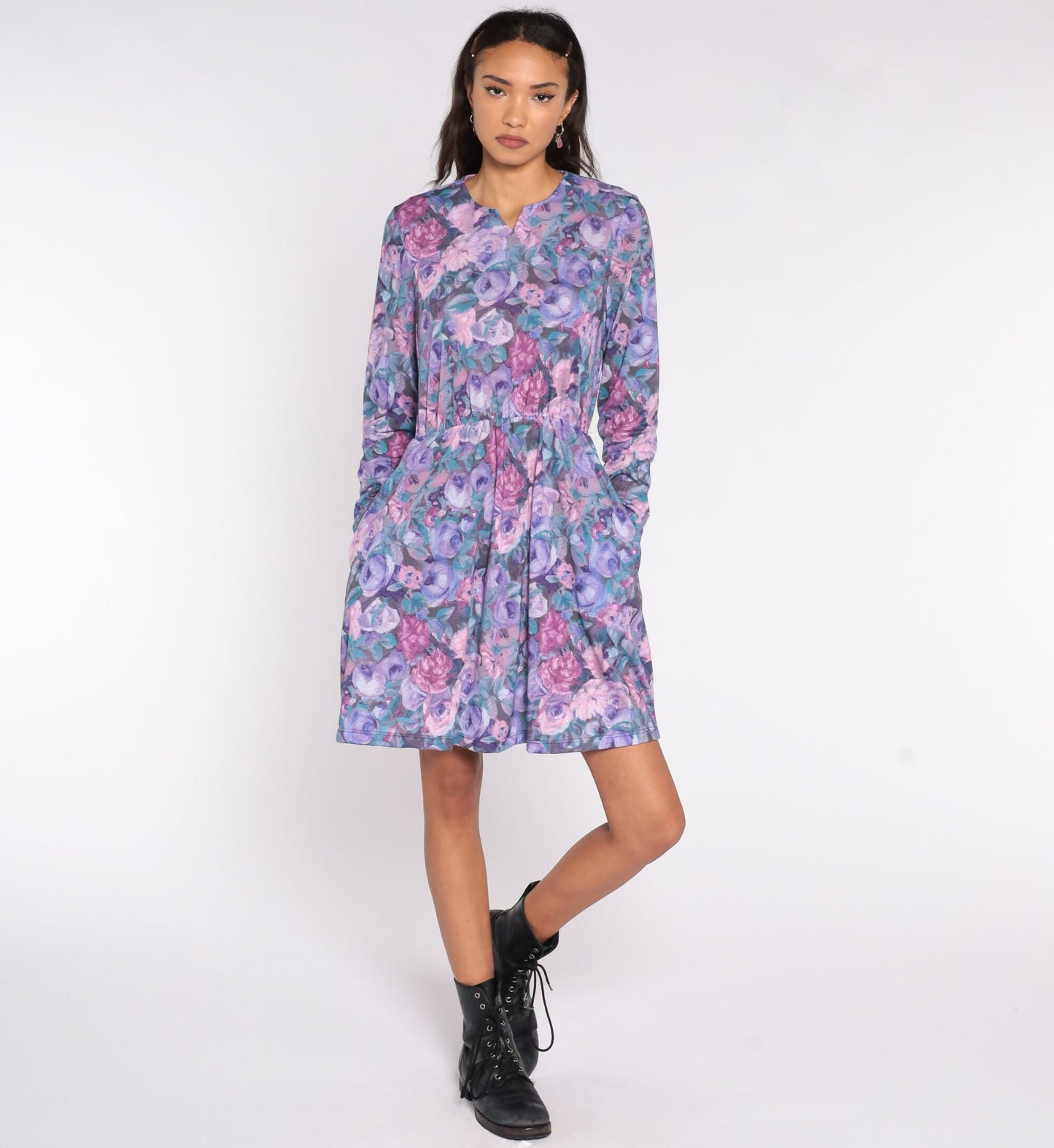 80s Floral Mini Dress Purple Pink V-Neck High Waisted Long Sleeve Small