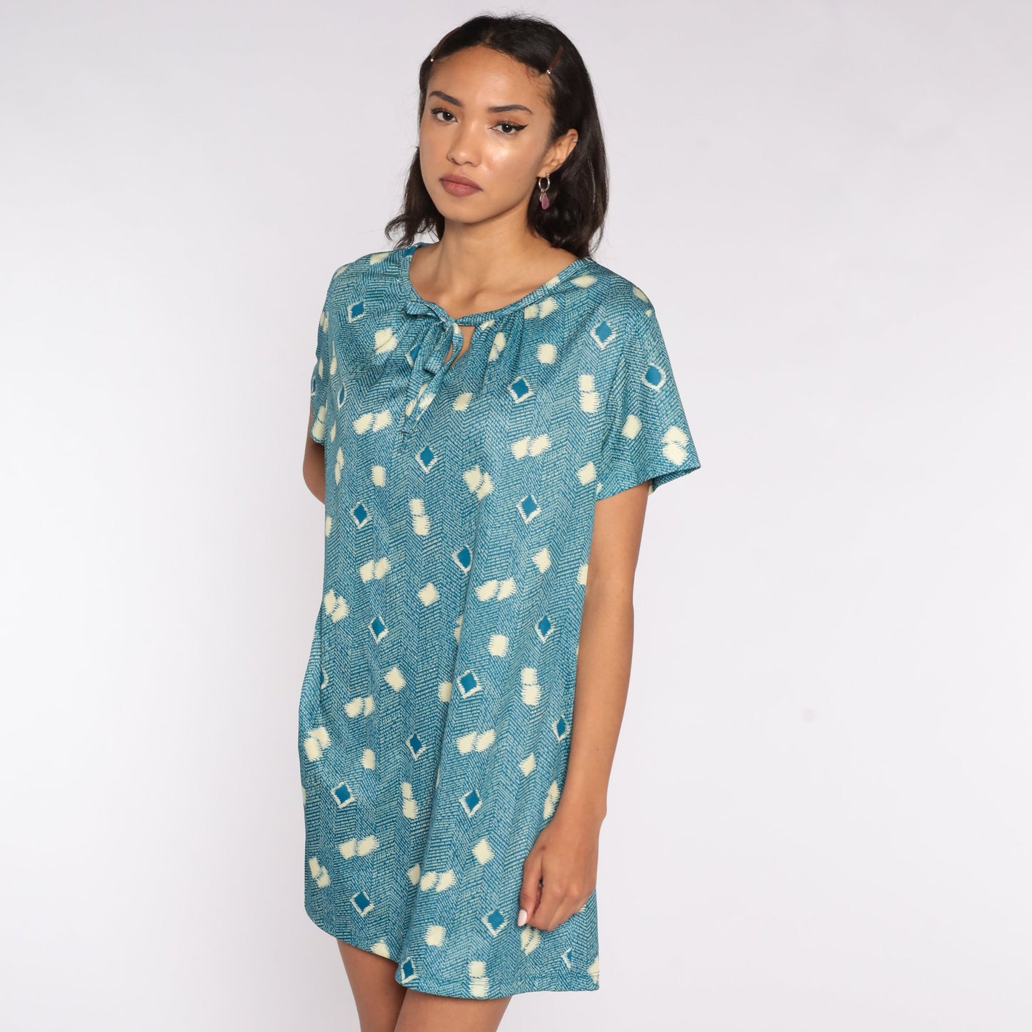 70s Geometric Print Shift Minidress Keyhole Neckline Blue Short Sleeve Extra Large