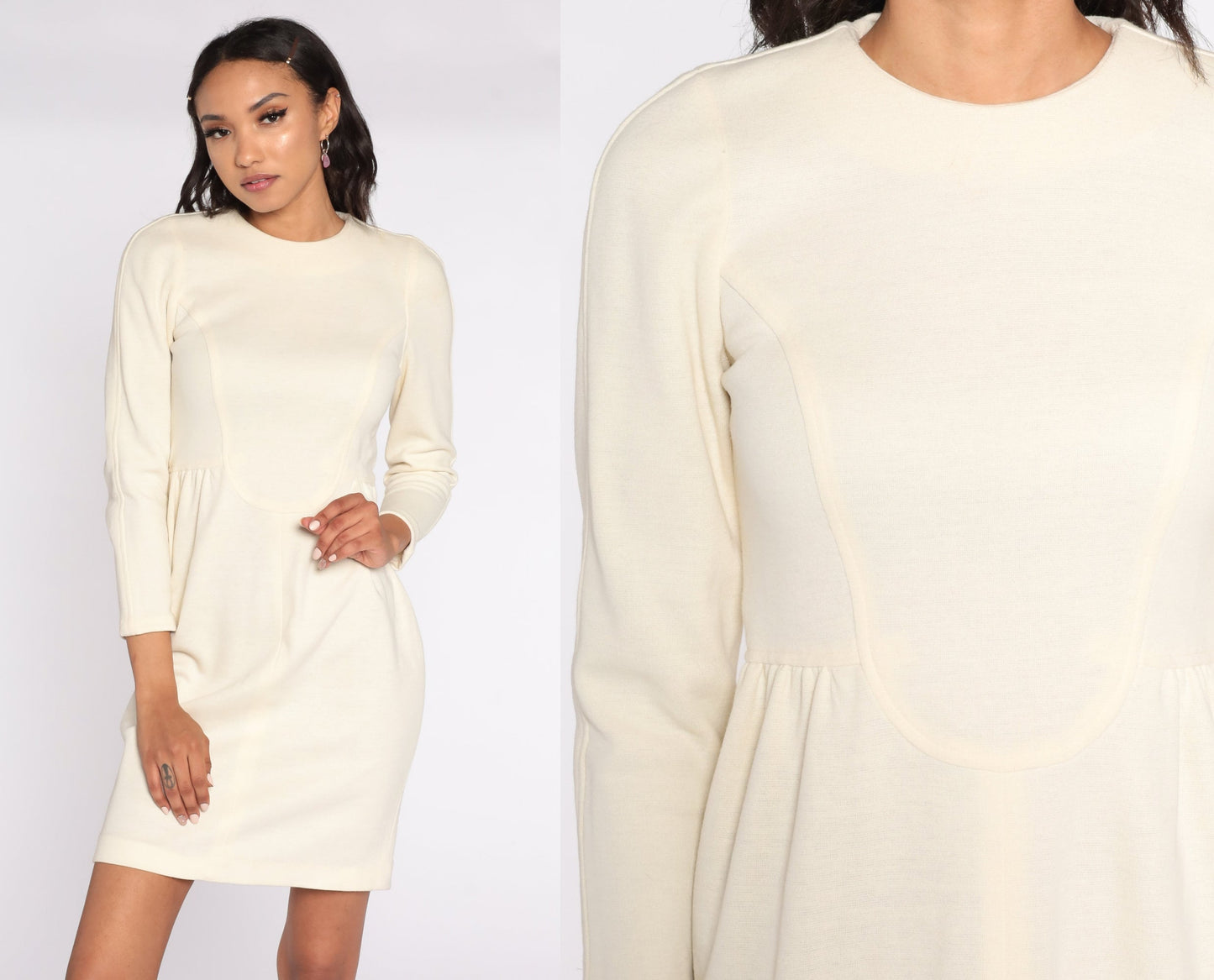 90s Cream Knit Mini Dress High Waist Long Sleeve Extra Small XS