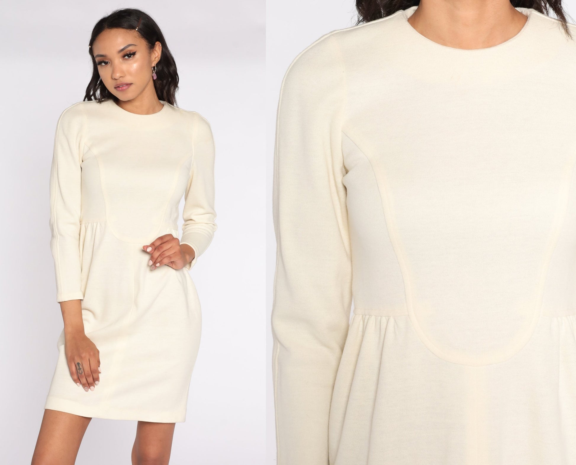 90s Cream Knit Mini Dress High Waist Long Sleeve Extra Small XS