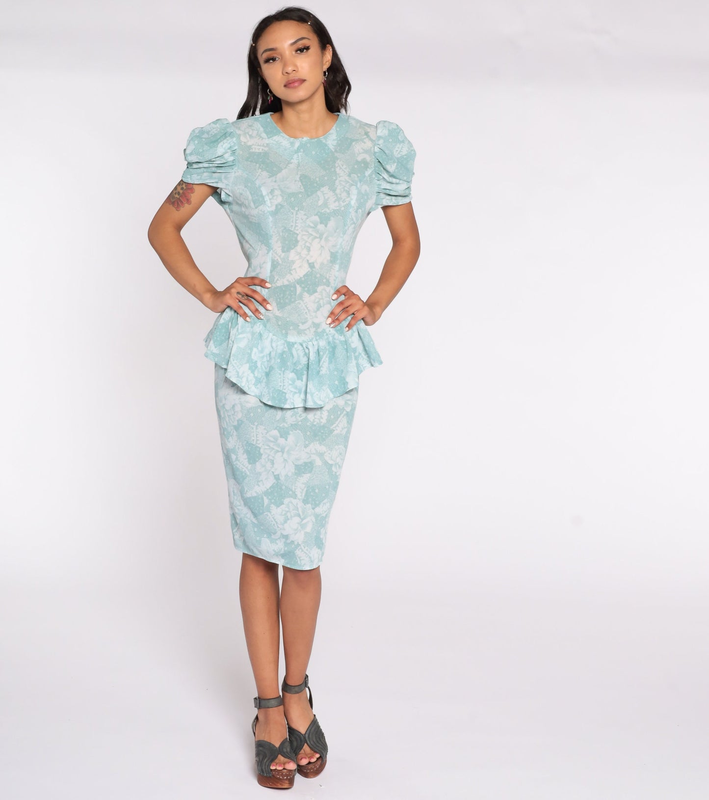 80s Blue-Green Floral Peplum Midi Dress Puff Sleeve Pencil Small